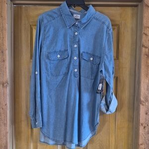 Casual Blue Button-Down Half Way Long Sleeve Shirt XL Toughwear Western Farm